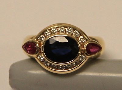 14k Gold Finish Ring with Sapphire, Lab Created Diamonds & Rubies Wedding Ring