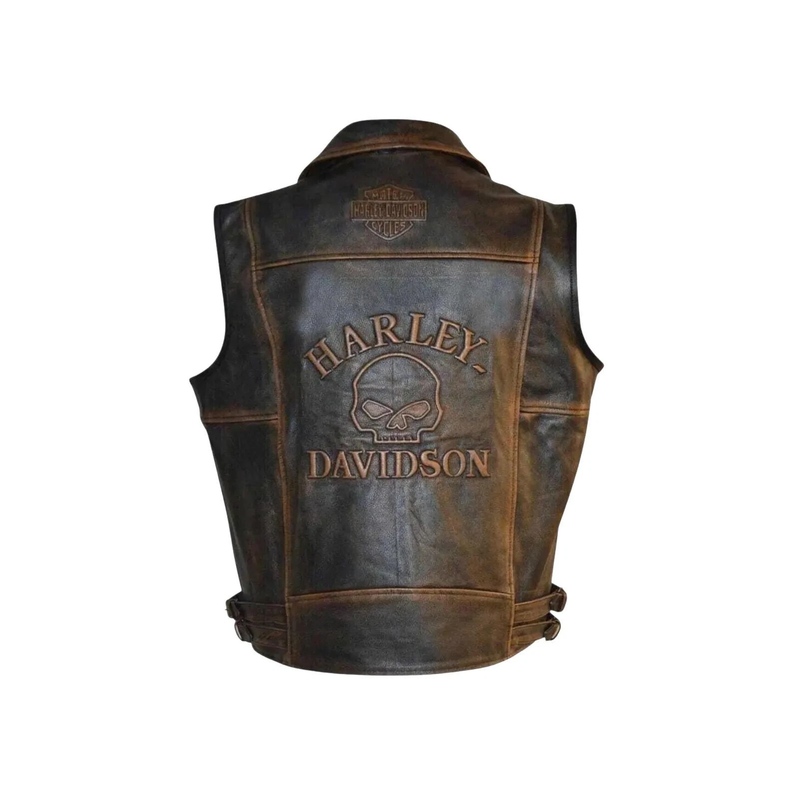 Vintage Distressed Leather Motorcycle Vest | Embossed Skull Biker Waistcoat