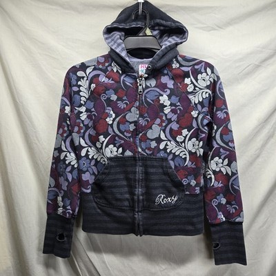 Vintage ROXY 90's Fitted Hoodie Y2k Jacket Women's Size Small Thumbholes Floral
