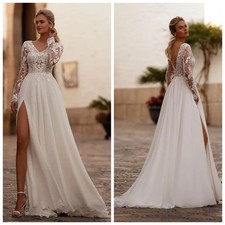 Sleeve Chiffon Long Aline Wedding Dress Open Back Lace Boho V Neck Bridal Gown