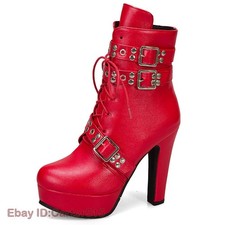 Women's Lace Up Ankle Boots High Heels Platform Knight Shoes Studded Autumn