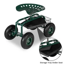 Garden Tool Cart Rolling Scooter w/ 360° Swivel Seat and Basket Outdoor