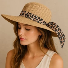 Sun N’ Sand Straw Sun Hat Wide Brim Leopard Print Scarf Ribbon Bow Women’