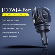 Baseus 100W Car Charger PD QC Fast Charge 4 Port USB-C Retractable Cable