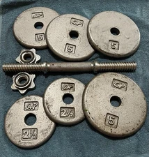 Vintage 14” Dumbbell Spin Lock Bar 25lbs Cap Circle Plates Wieghts (5 & 2.5)