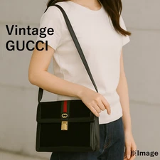Vintage GUCCI Sherry Line Shoulder Bag Canvas Black  Authentic 0397