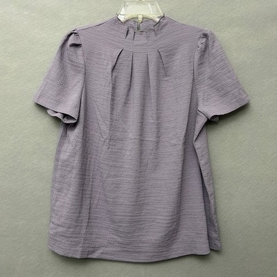 SHEIN Blouse Women XL Purple Textured Short Sleeve High Neck Pleated Top