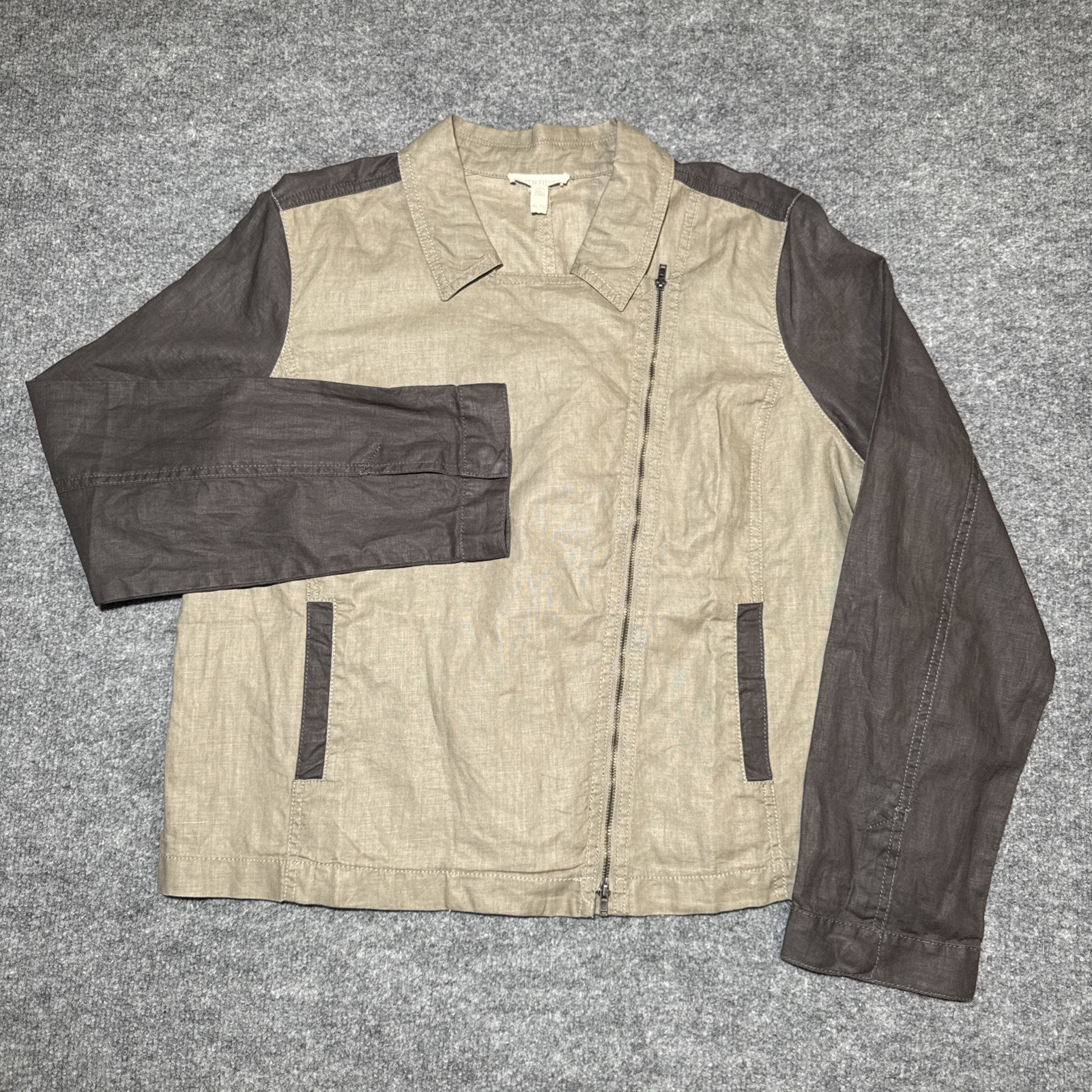 Eileen Fisher Jacket Womens XL Waxed Organic Linen Moto Asymmetric Zip Pockets