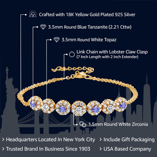 18K Yellow Gold Plated Silver Tanzanite and White Topaz Tennis Bracelet For - Picture 2 of 5