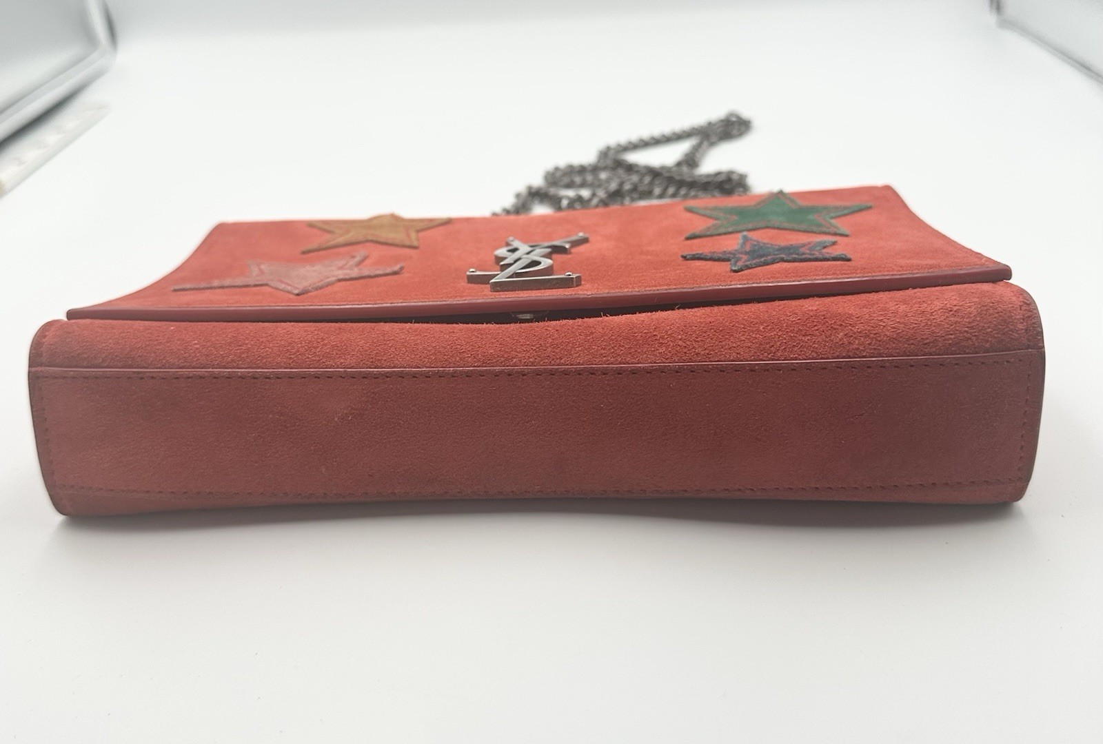 Borsa Saint Laurent Kate media scamosciata stella patchwork colore rosso pelle interno rosso