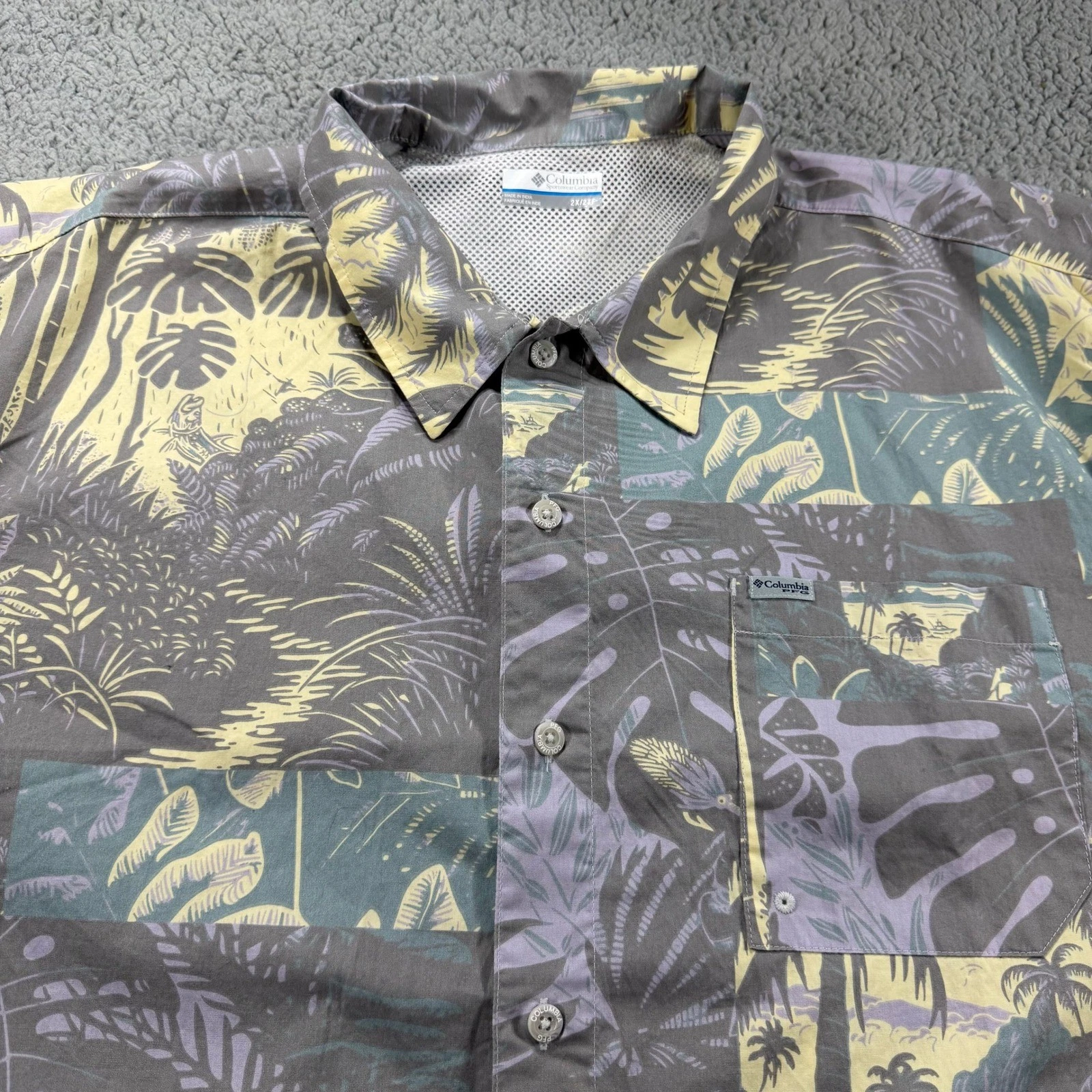 Columbia PFG Mens 2X Tropical Palm Print Fishing Shirt Grey Yellow FS7011