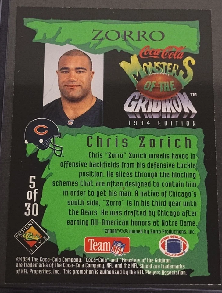 1994 Classic Pro Line Live Coca-Cola Monsters of the Gridiron - #5 Chris Zorich - Image 2 of 2