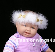 Elastic marabou feather ring w/natural pearls and golden bows halo/cuff/neckwear