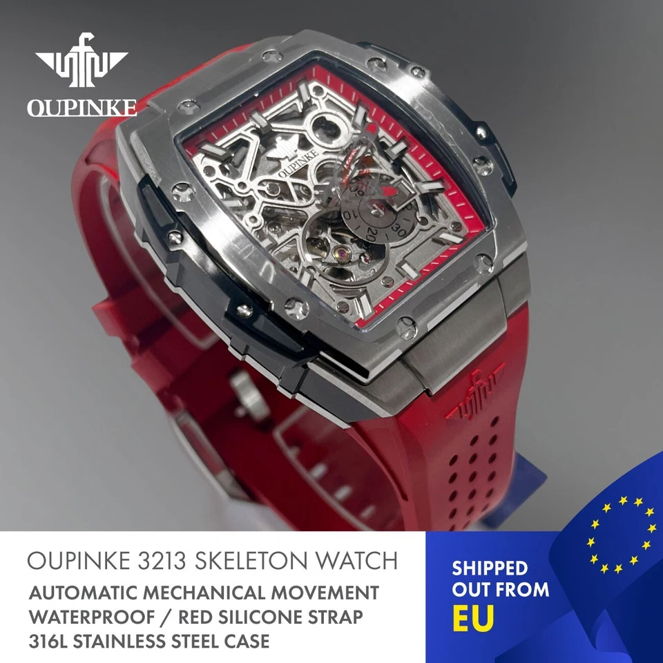 Reloj mecánico impermeable automático OUPINKE 3213 Skeleton. Edición roja. Foto 3 de 4