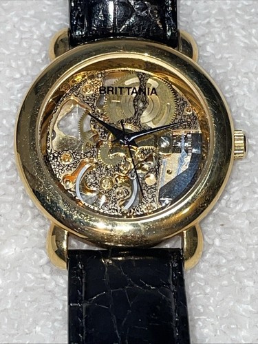VINTAGE BRITTANIA SKELETON MEN’S WINDUP WRISTWATCH GOLD TONE BLACK LEATHER BAND - Picture 2 of 22