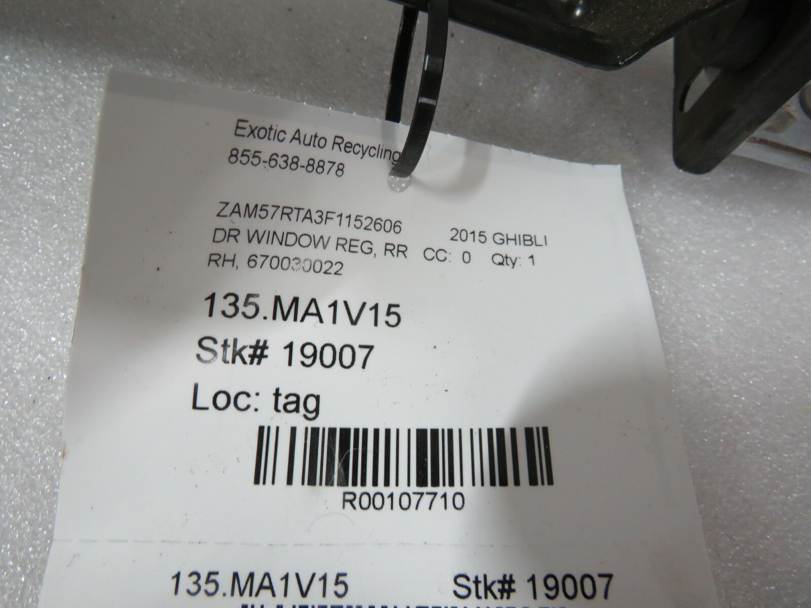 Maserati Ghibli, RH, Right, Rear Door Window Regulator, Used, P/N 670030022
