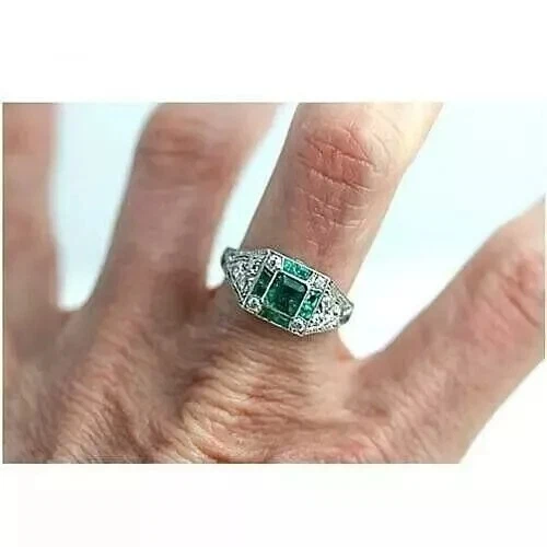 Boda nupcial Art Deco vintage de diamantes esmeralda creados en laboratorio en oro blanco de 14 K FN Foto 4 de 4