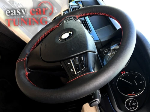 For VW POLO MK5 2009+ Black Real Genuine Leather Steering Wheel Cover Red Stitch