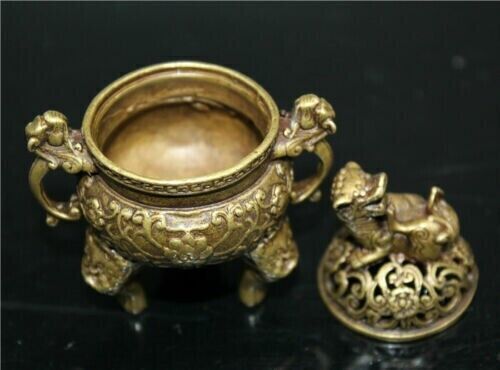 Vintage Original Chinese Brass carved small Dragon lion lid incense burner 23748 - Picture 2 of 6
