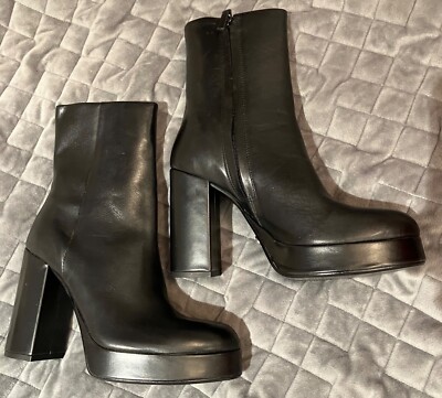 New Zara Black Leather Ankle Boots Size EUR 37 Block Heel