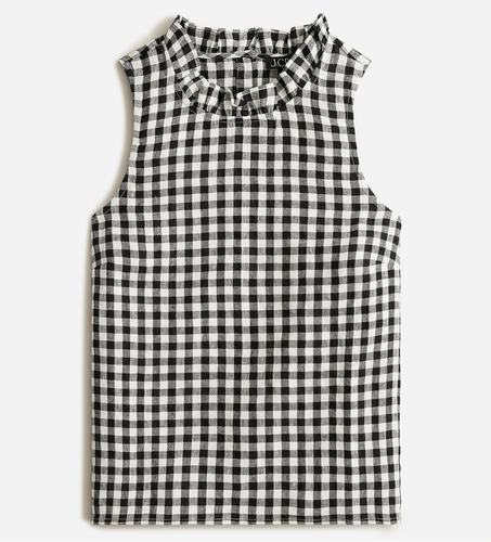 J.Crew black and white gingham linen ruffle neck tank 2x