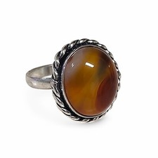 Lady's Silver Tone Orange Banded Agate Ring Size 8.5 Ornate Handcrafted