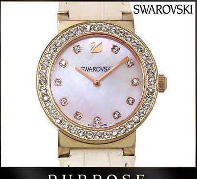 Swarovski citra rhinestone shell watch-face white leather lady's watch # 5027219 Swarovski citra rhinestone shell watch-face white leather lady's watch # 5027219