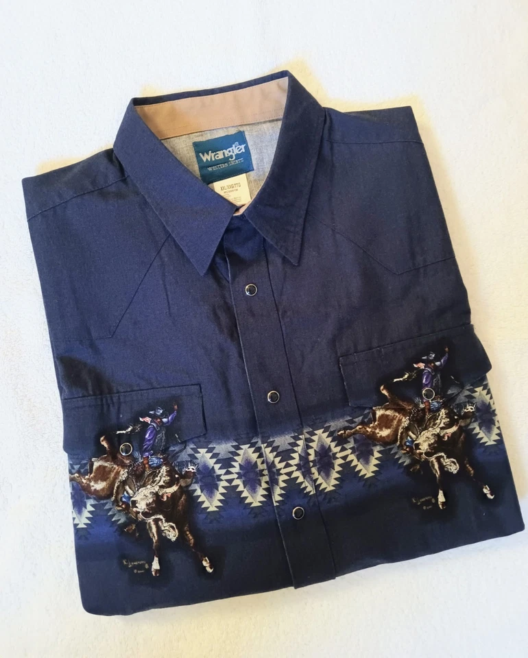 Men's Wrangler Button Down Western Shirt Pearl Snap Blue Bull Rider 3XL - Image 3 of 4