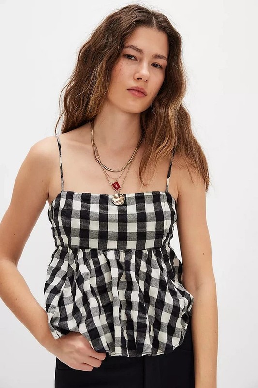 Free People Mia Plaid Tank Top Printed Adjustable Tie Back Pleated Cropped New M