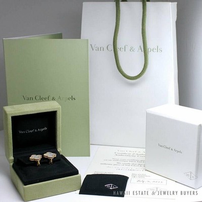 Van Cleef & Arpels Mother of Pearl Clover 18k Yellow Gold Alhambra Earrings