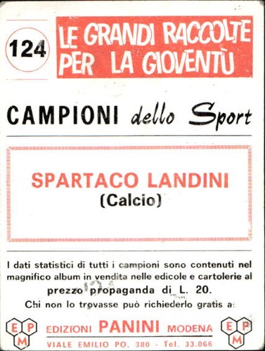 figurina Panini campioni dello sport 1966 Rec. # 124 Spartaco Landini - Foto 2 di 2