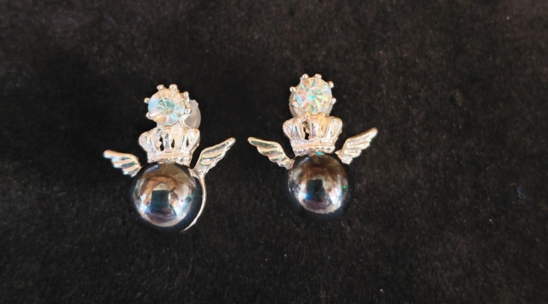 Angel Wing Crowned Stud Earrings W/ Rhinestone and Hematite Stone