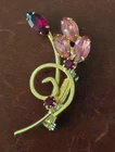 Vintage Rhinestone Flower Brooch Pin Pink Red Wire Costume Jewelry