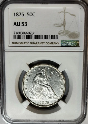 Lustrous 1875 P Seated Liberty Half Dollar 50c NGC AU-53 Almost Uncirculated