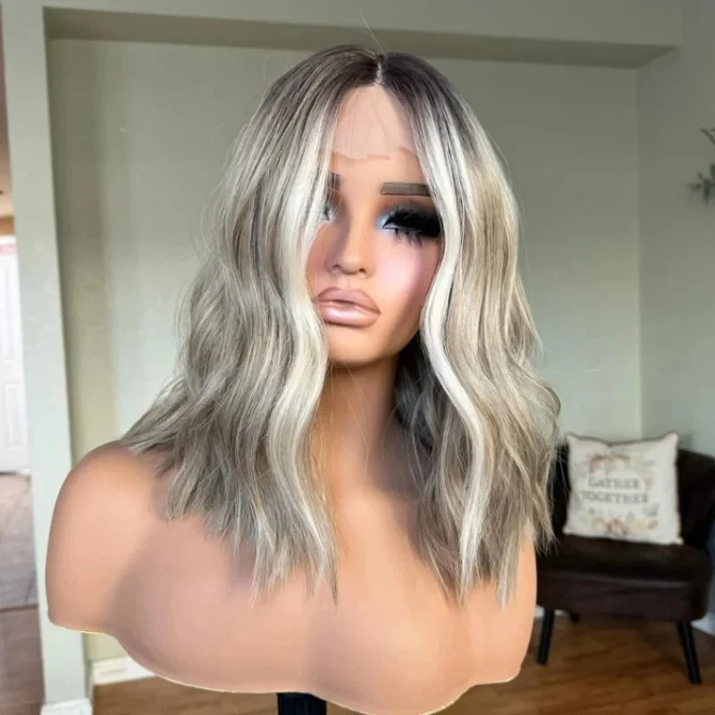 Balayage Ash Platinum Blonde Highlight 100% Human Hair Lace Front Wigs Dark Root - Image 2 of 4