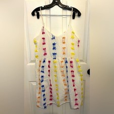 LOFT Women’s White Multicolor Fringe Detail Sleeveless V-Neck Dress Size M