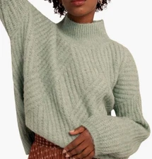 FRNCH Nihed Ribbed Knit Sweater, S/M Funnel Neckline Sweater Blue Green