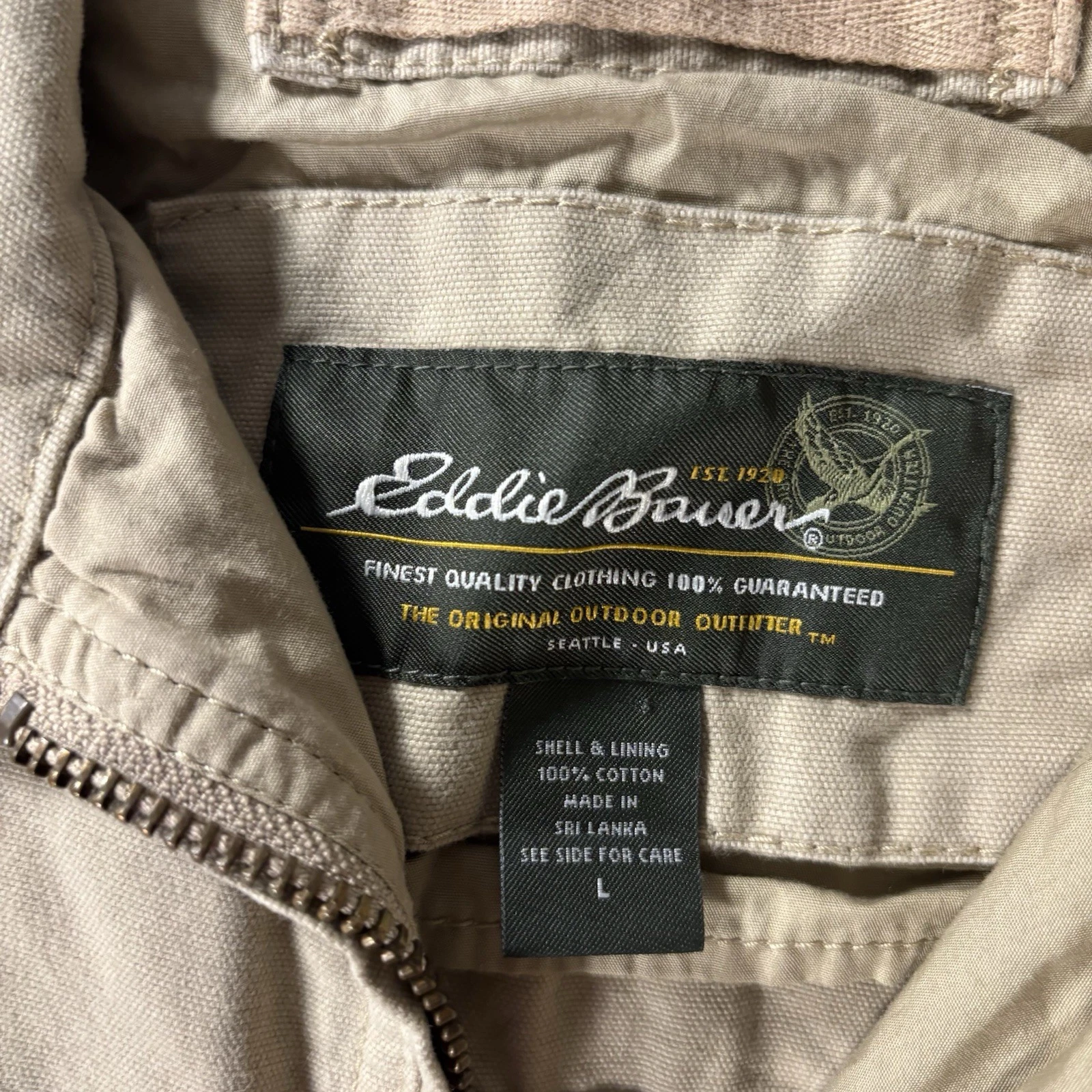 Eddie Bauer Men’s L Beige Cotton Canvas Full Zip Jacket Point Collar Short image 2