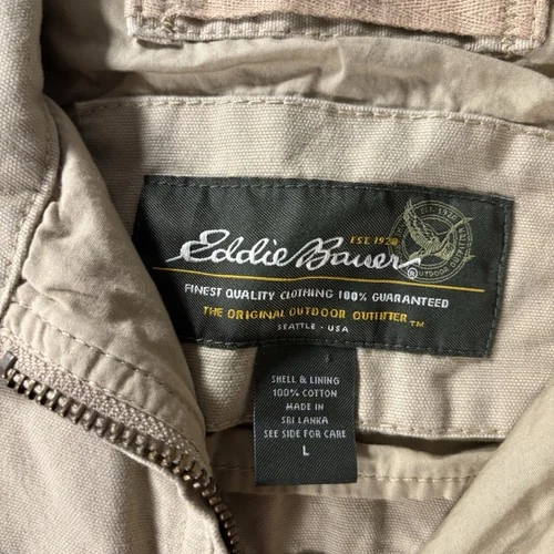 Eddie Bauer Men’s L Beige Cotton Canvas Full Zip Jacket Point Collar Short image 2