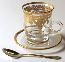 Arte Italica Vetro Gold Footed Cup & Saucer Set w/Metal Spoon 9839659