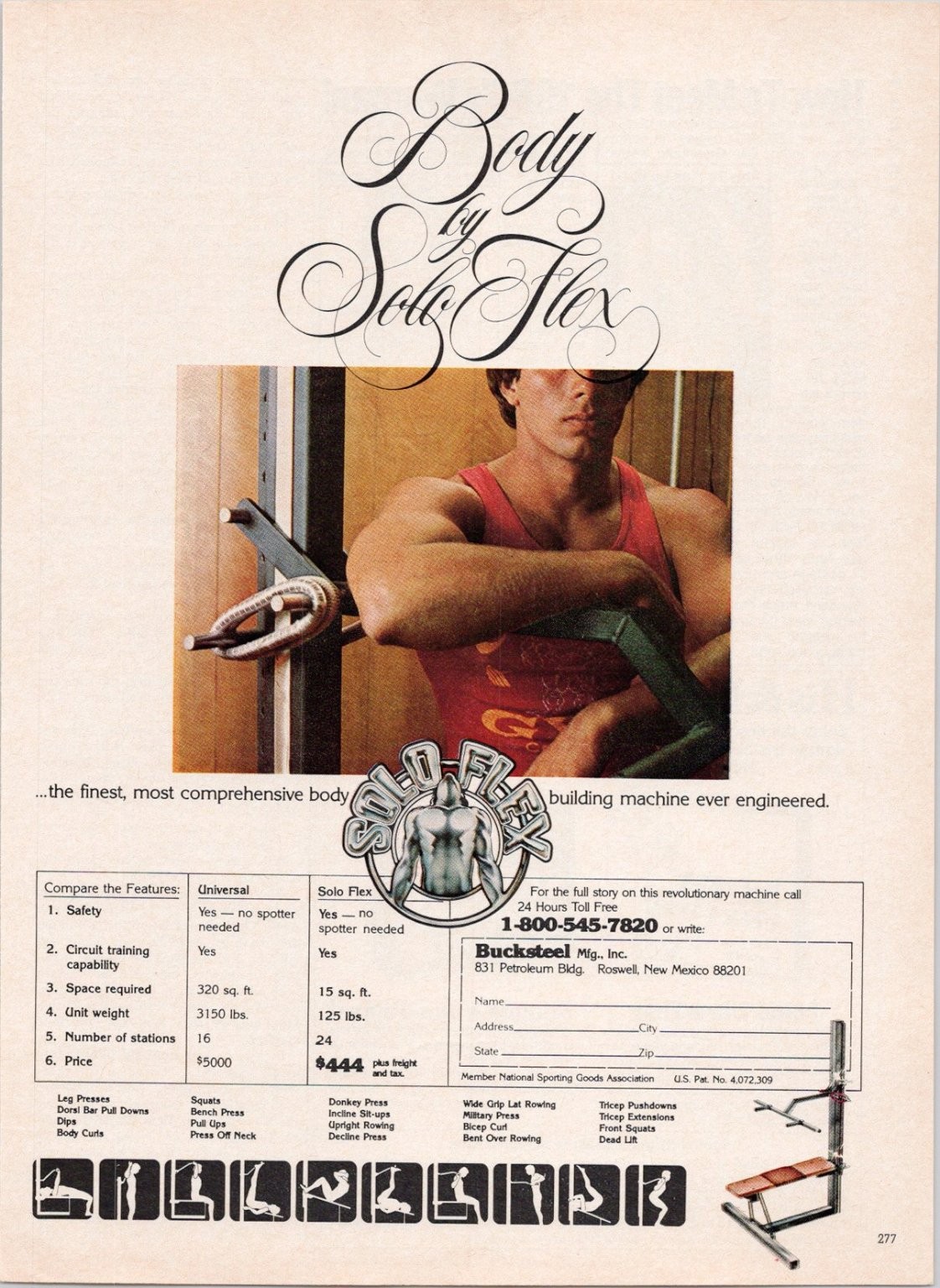 Bucksteel Body de Solo-Flex Vintage 1980 anuncio impreso máquina de fitness