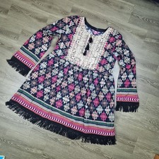 Mushtaq Sons Womens UK 14 Boho Tunic Dress Fringe Lace Mirror Cotton