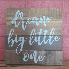 Handmade Wooden Nursery Wall Hanging Dream Big Little One Brown Light Blue
