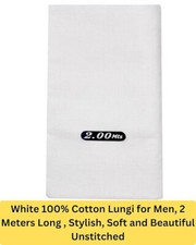 White 100 Cotton Plain Lungi for Men - 2 Meters, Unstitched, Pack of 1  Free