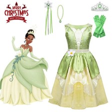 BOOK DAY:Disney Girls Cosplay Tiana Costume Princess Dress Kids Present fancy --