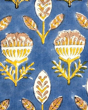 Blue Yellow By the Yard Indian Block Print Floral Fabric for Sewing Clothing