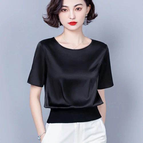 Damen Freizeit 100 % Seide Tee T-Shirts Kurzarm tailliert Bluse Basic Sommer Top - Bild 11 von 12