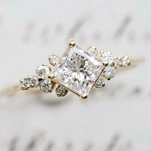 1.50Ct Princess Cut Lab Created Diamond Cluster Engagement Ring 14K Gold Plated