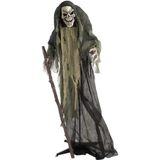 Haunted Hill Farm Life-Size Scary Skeleton Reaper Holding Staff Halloween
