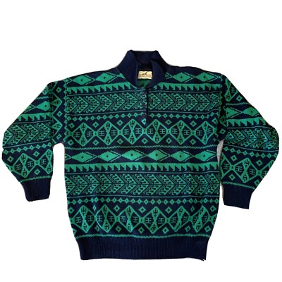 Minnesota Knits Sweater LG ? Green Navy Pullover Collar Button VTG USA geometry